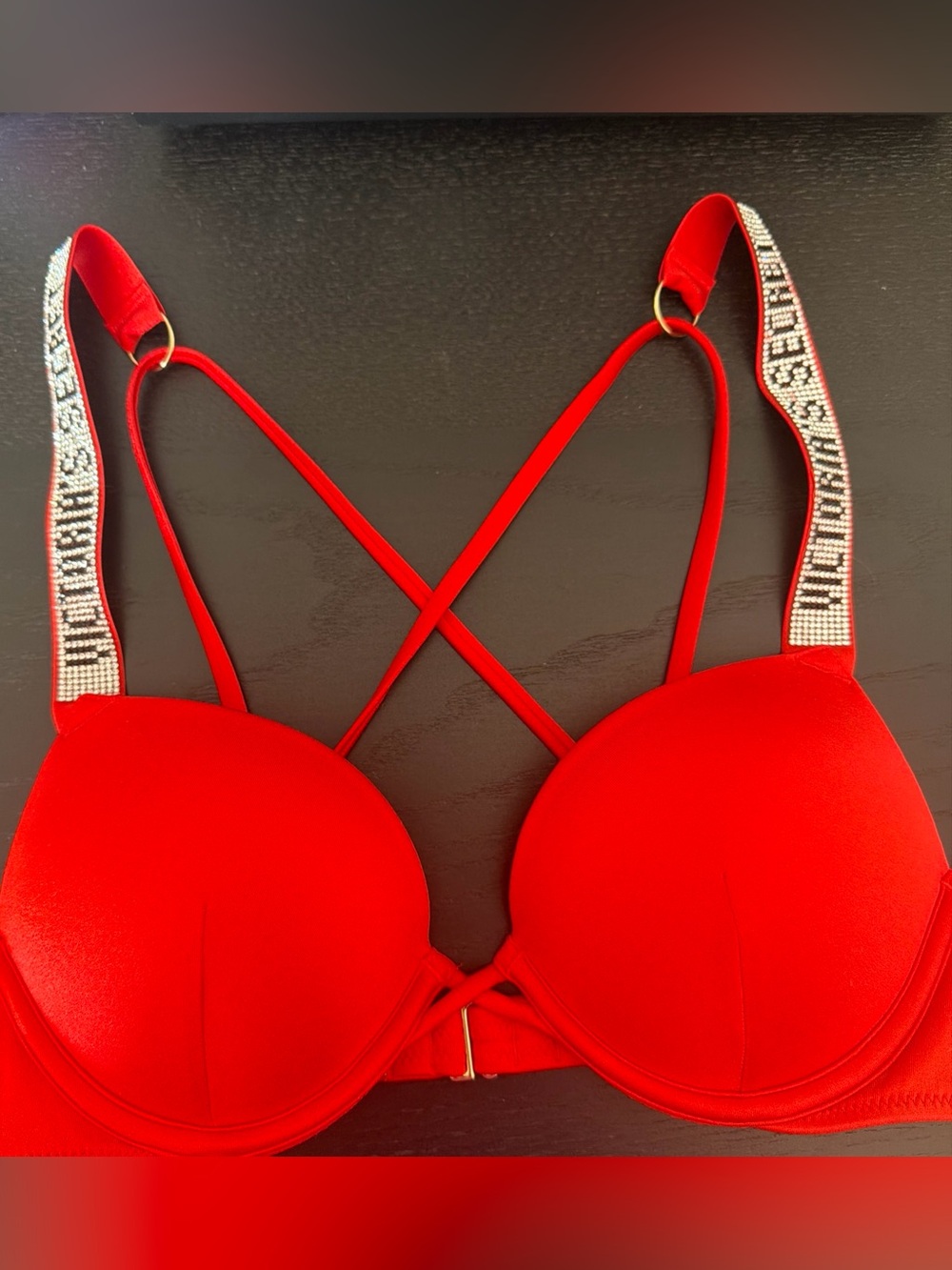 Victoria's Secret Swim Bikini Top 30B Red Shine Strap Push Up Bombshell